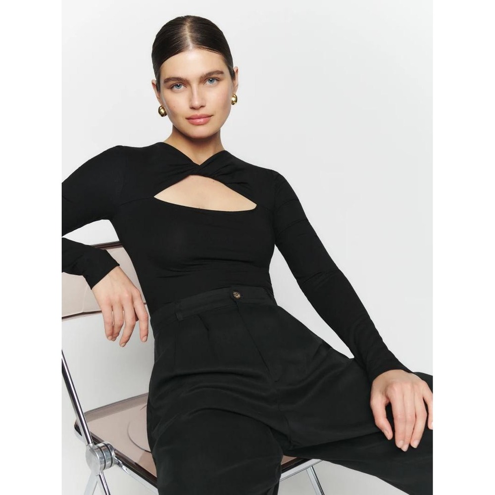 Reformation Black Rylen Knit Bodysuit Long Sleeve Twist Keyhole Cutout Small